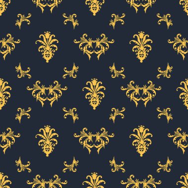 Kusursuz vektör altın ve kumaş, duvar kağıdı, ambalaj, süslü Damask çiçek süsü için koyu mavi süs..