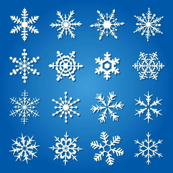 Επίπεδες Νιφάδες Χιονιού Εικονίδια Που Απομονώνονται Μπλε Φόντο — Διανυσματικό Αρχείο