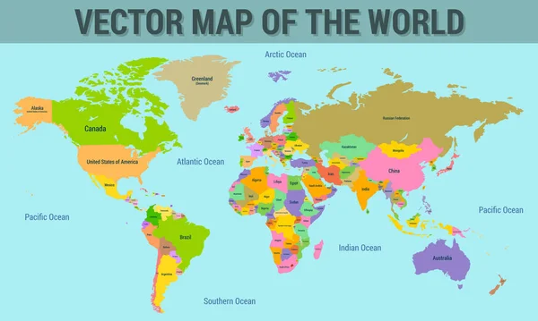 Ülkelerin Isimleriyle Ülkelerin Sınırlarıyla Birlikte Dünyanın Vektör Haritası — Stok Vektör