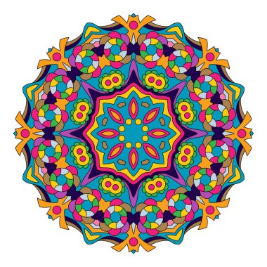 Multicolored mandala with bright floral pattern.