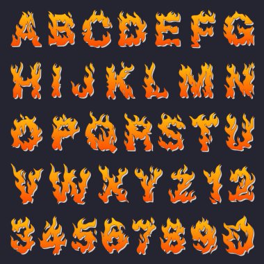 Vector cartoon icons set of orange flaming numbers.