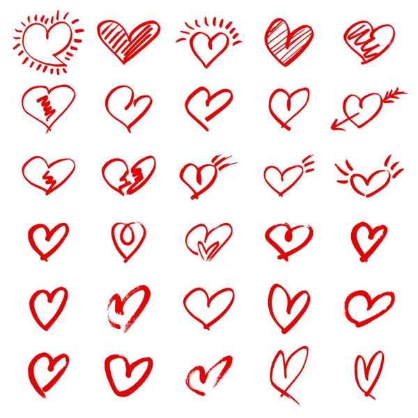 Red hearts set of hand drawn sketch heart icons.