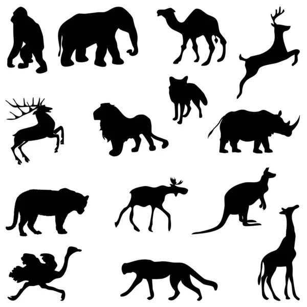 Набор Животных Дикой Лесной Степи Черного Силуэта — стоковый вектор