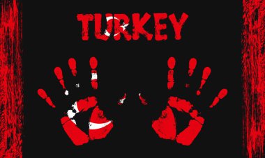 Siyah zemin üzerinde yazı ve fırça darbeleri bulunan barışçıl avuçlar şeklinde Türkiye 'nin vektör bayrağı.