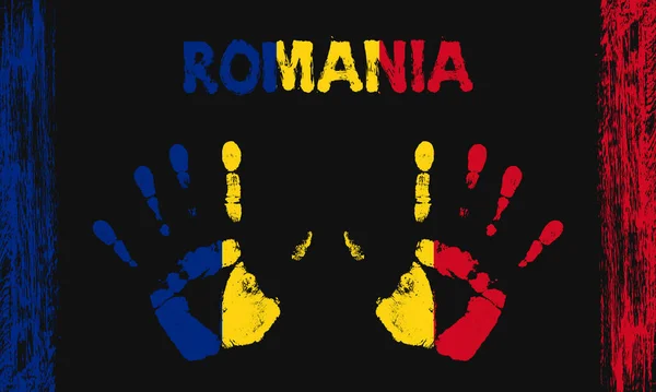 Flaga Wektorowa Rumunii Postaci Pokojowych Dłoni Tekstami Pociągnięciami Pędzla Czarnym — Wektor stockowy
