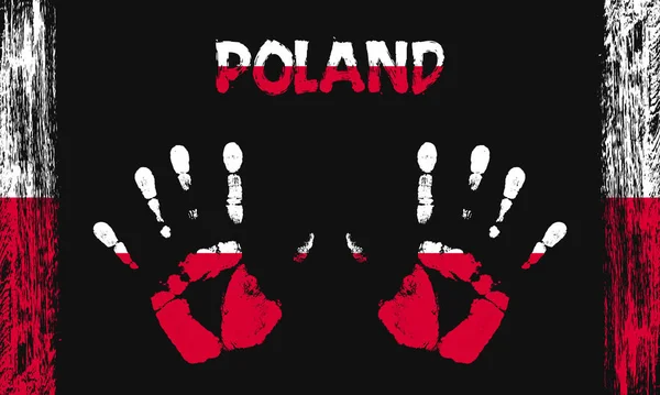 stock vector Vector flag of Poland in the form of peaceful palms with text and brush strokes on a black background.