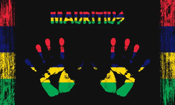 毛里求斯群岛的矢量旗帜 以和平的手掌为形式 文字和笔划在黑色背景上 — 图库矢量图片