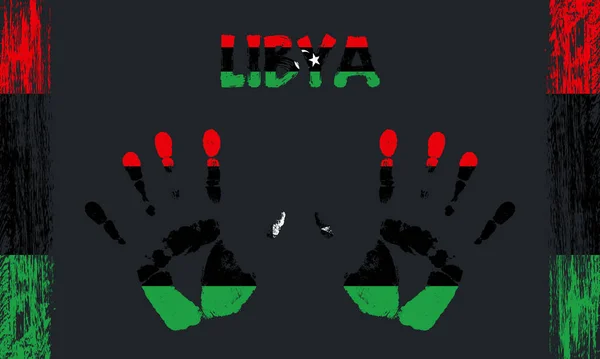 利比亚的矢量旗帜 以和平的手掌为形式 用文字和笔划在黑色背景上 — 图库矢量图片