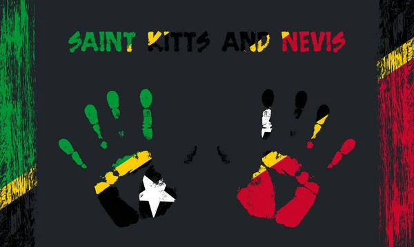 圣基茨和尼维斯的矢量旗帜 以和平的手掌为形式 文字和笔划在黑色背景上 — 图库矢量图片