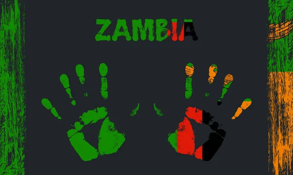 赞比亚的矢量旗帜 以和平的棕榈为形式 用文字和笔划在黑色背景上 — 图库矢量图片