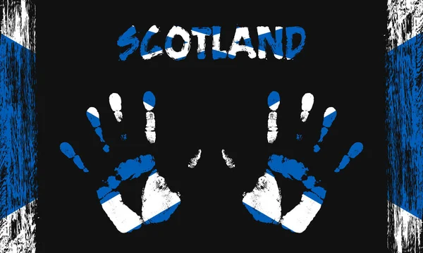 黒い背景に文字とブラシストロークで平和なヤシの形でスコットランドのベクトルフラグ — ストックベクタ