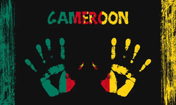 喀麦隆的矢量旗帜 以和平的手掌为形式 用文字和笔划在黑色背景上 — 图库矢量图片