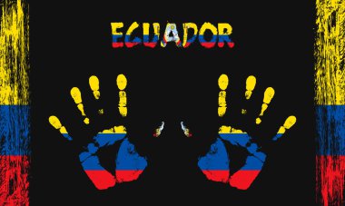 Ekvador 'un vektör bayrağı siyah arkaplanda yazılı ve fırça darbeleriyle barışçıl avuçlar şeklinde.