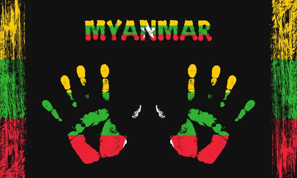 Vektorová Vlajka Myanmaru Podobě Mírových Dlaní Textem Tahy Štětcem Černém — Stockový vektor