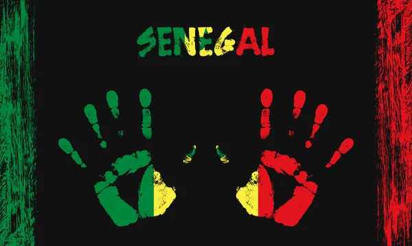 塞内加尔的矢量旗帜 以和平的手掌为形式 用文字和笔划在黑色背景上 — 图库矢量图片