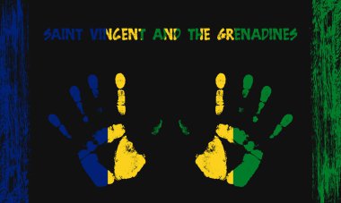 Aziz Vincent ve Grenadinler 'in vektör bayrağı siyah arka planda yazılı ve fırça darbeleriyle barışçıl avuçlar şeklinde.