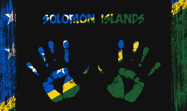 所罗门群岛的矢量旗帜 以和平的手掌为形式 用文字和笔划在黑色背景上 — 图库矢量图片
