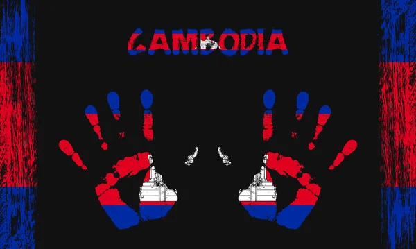 Vektor Zászló Kambodzsa Formájában Békés Tenyerek Szöveges Ecsetvonások Fekete Alapon — Stock Vector