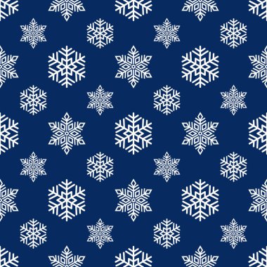 Lacivert arka planda beyaz kar taneleri olan kusursuz bir Noel deseni.