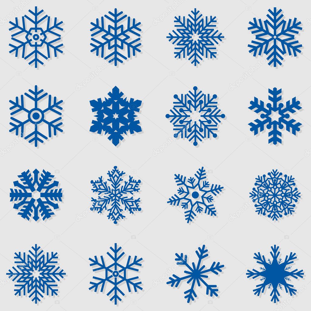 Blue snowflake icons collection isolated on white background.