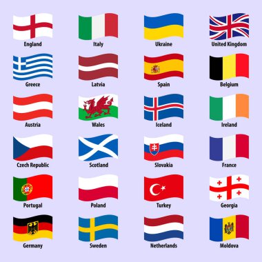 Bir grup Avrupa ülkesi parlak bir arkaplanda dalgalı bir şekilde bayrak sallıyor