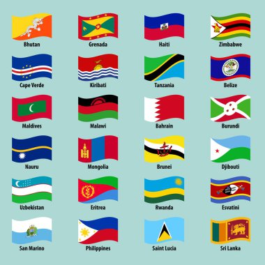 Parlak bir arkaplan üzerinde ülkelerin bayraklarını sallayan ulusal kolleksiyon