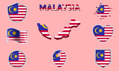 Harita ve metin eşliğinde Malezya 'nın bayrakları ve armaları düz bir şekilde toplanır.