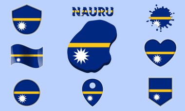 Nauru 'nun bayrakları ve armaları harita ve metinlerle düzgünce toplanıyor..