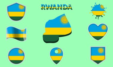 Ruanda 'nın bayrakları ve armaları harita ve metinlerle düzgünce toplanıyor.