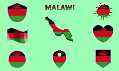 Malawi 'nin bayrakları ve armaları harita ve metinlerle düzgünce toplanıyor..