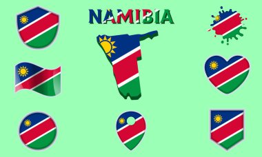 Collection of flags and coats of arms of Namibia in flat style with map and text. clipart