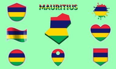Mauritius 'un bayrakları ve armaları harita ve metinlerle düzgünce toplanıyor..