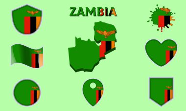 Zambiya 'nın bayrakları ve armaları harita ve metinlerle düzgünce toplanıyor.