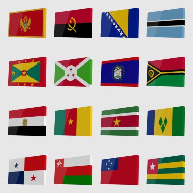 Large set of vector 3D flags with highlights in isometric style clipart