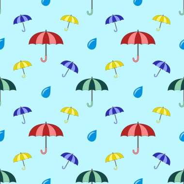 Arka planda damlalar olan çok renkli şemsiyelerin kusursuz deseni
