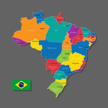 Brezilya 'nın şehirlerin ve sınır kentlerinin isimleriyle vektör haritası