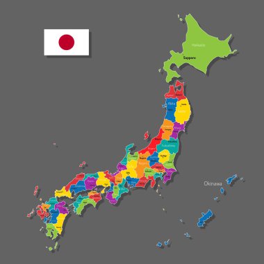 Şehirlerin ve sınır kentlerinin isimleriyle Japonya 'nın vektör haritası