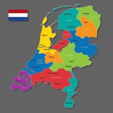 Kentler ve şehirlerin isimleriyle Hollanda 'nın vektör haritası