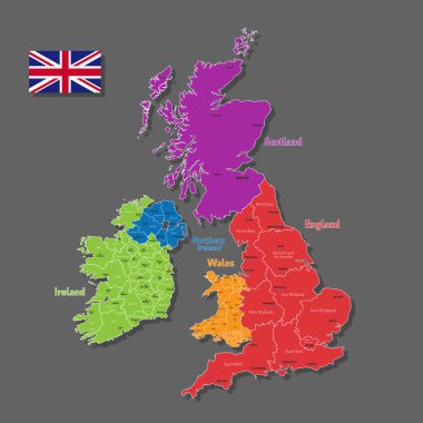 Birleşik Krallık 'ın şehirlerin ve sınır kentlerinin isimleriyle vektör haritası