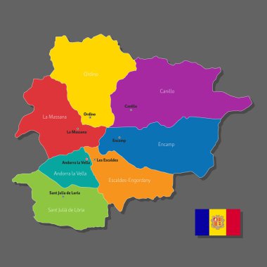 Andorra 'nın şehirlerin ve sınır kentlerinin isimleriyle vektör haritası