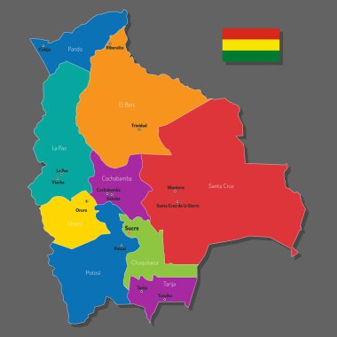 Bolivya 'nın şehirlerin ve sınır kentlerinin isimleriyle vektör haritası