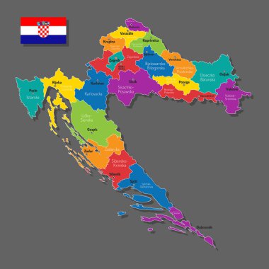 Hırvatistan 'ın şehirlerin ve sınır kentlerinin isimleriyle vektör haritası