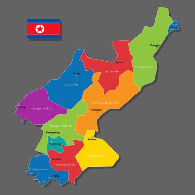 Kuzey Kore 'nin şehir ve sınır şehirlerinin isimleriyle vektör haritası