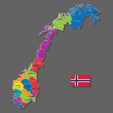 Kentler ve şehirlerin isimleriyle Norveç 'in vektör haritası