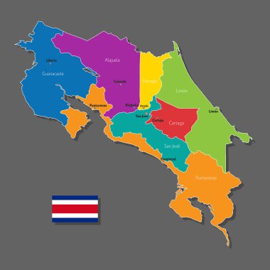 Kosta Rika 'nın şehirlerin ve sınır kentlerinin isimleriyle vektör haritası