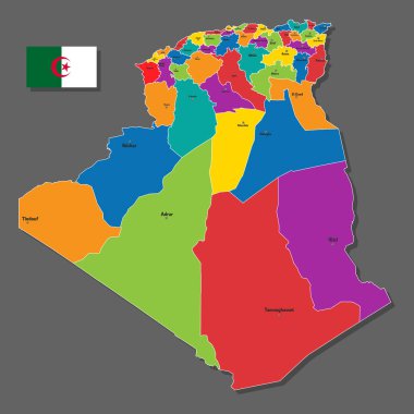 Cezayir 'in şehir ve sınır şehirlerinin isimleriyle vektör haritası