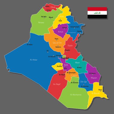 Irak 'ın şehirlerin ve sınır kentlerinin isimleriyle vektör haritası