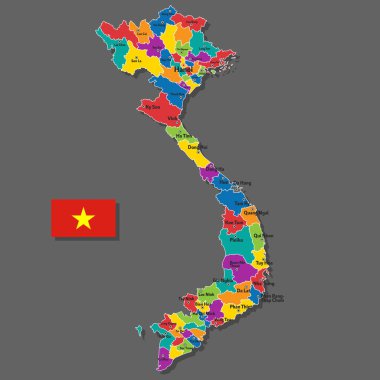 Vietnam 'ın vektör haritasında şehirlerin isimleri ve sınır şehirleri var.