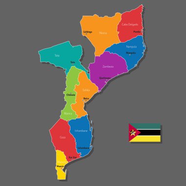 Mozambik 'in şehirlerin ve sınır kentlerinin isimleriyle vektör haritası