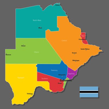 Botswana 'nın şehirlerin ve sınır kentlerinin isimleriyle vektör haritası